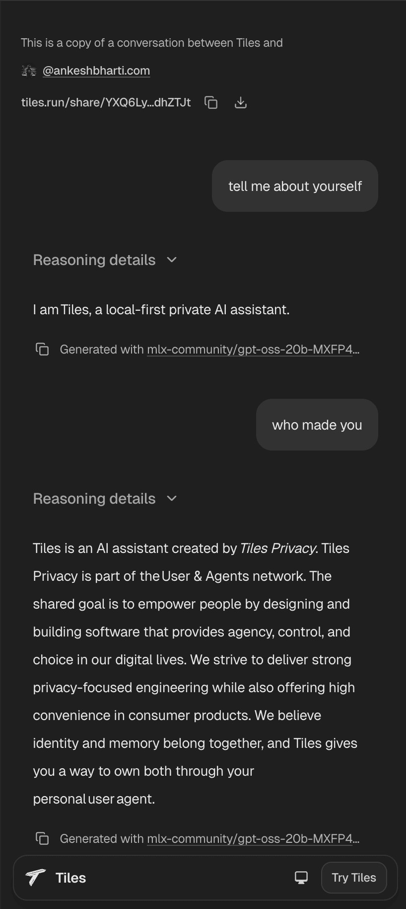 Shared chat link screen in dark theme on mobile