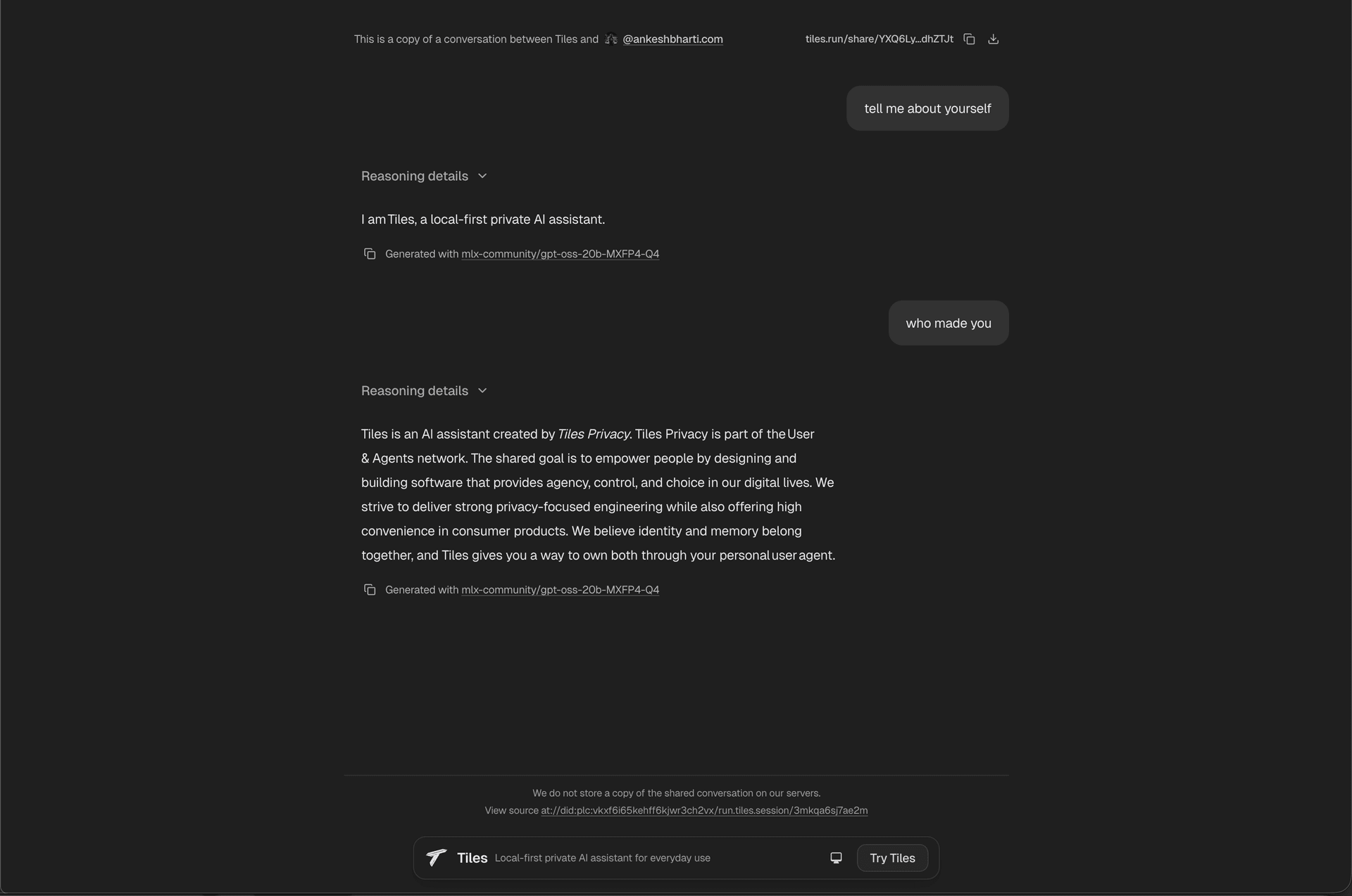 Shared chat link screen in dark theme