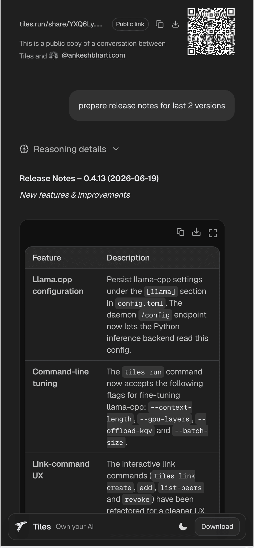 Shared chat link screen in dark theme on mobile