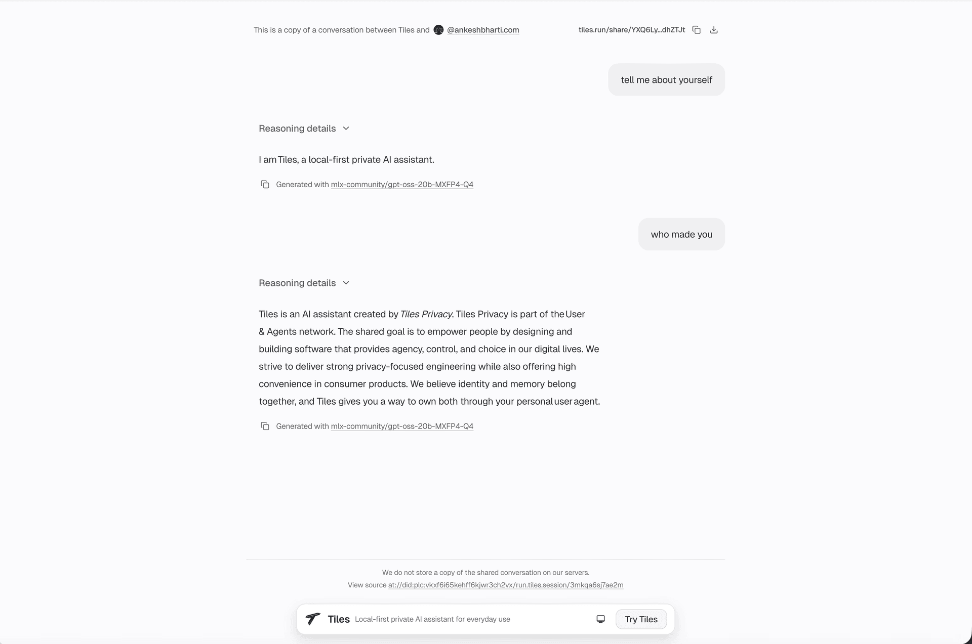 Shared chat link screen in light theme
