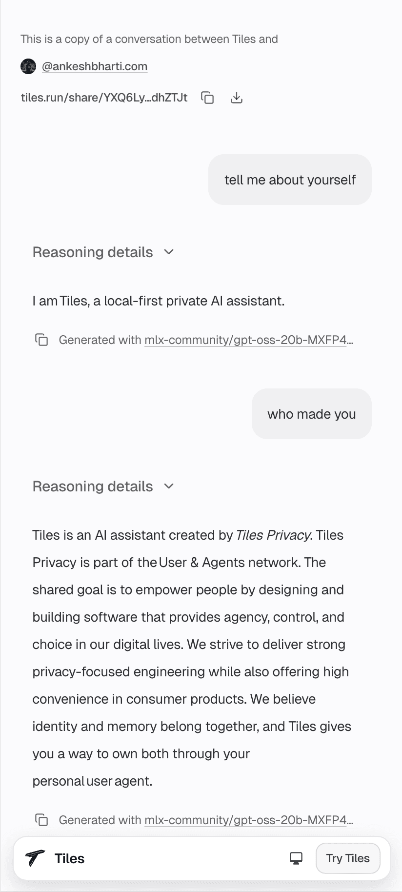 Shared chat link screen in light theme on mobile