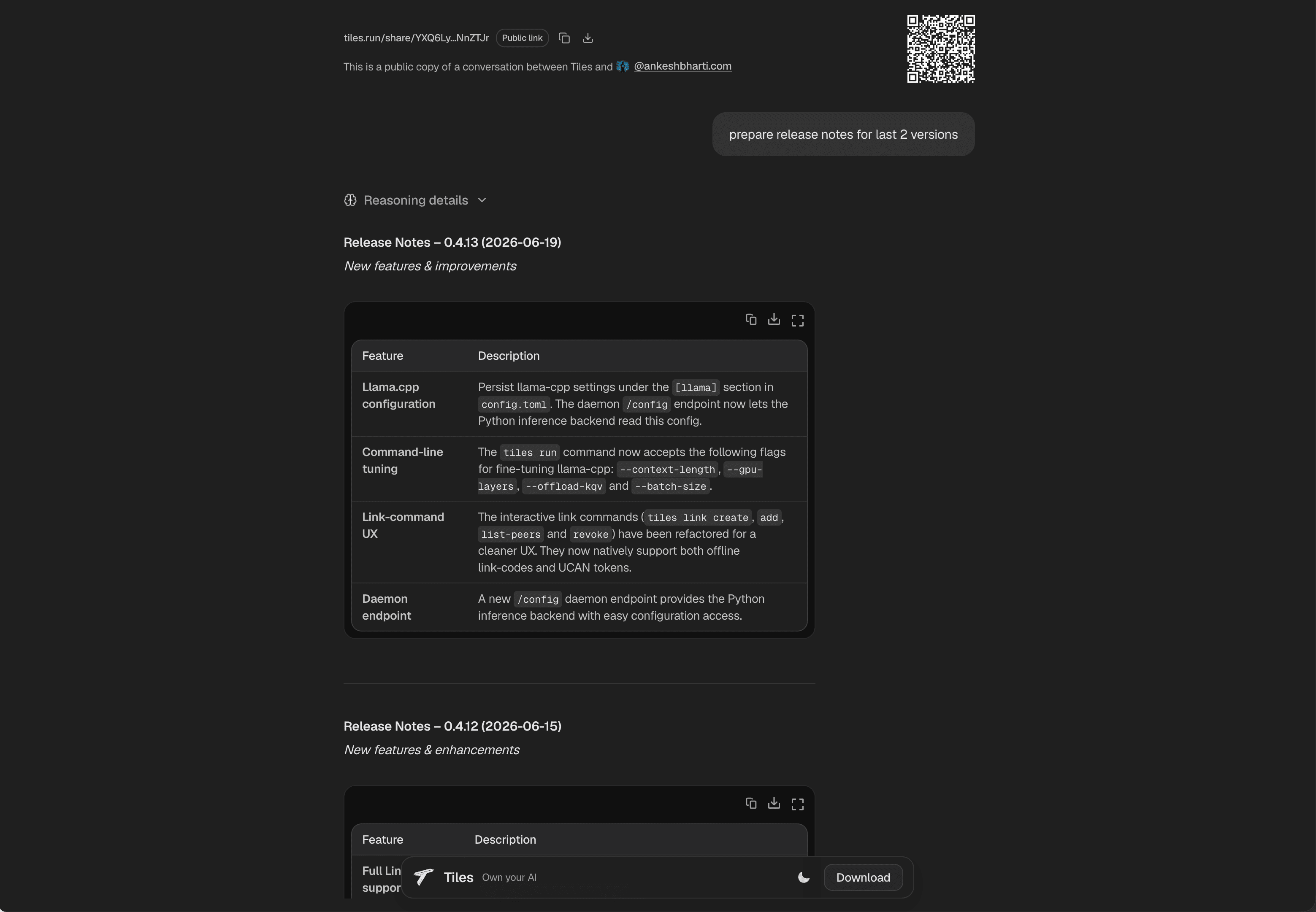 A conversation shared from Tiles as a public link on tiles.run, dark theme