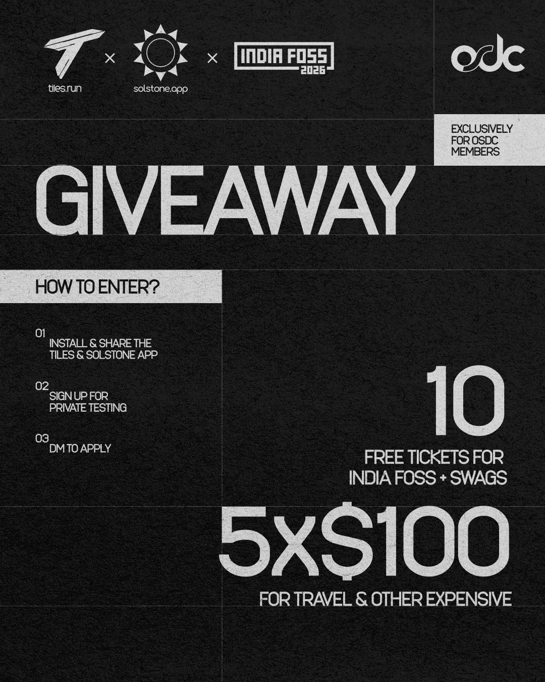 Tiles, Solstone, IndiaFOSS 2026, and OSDC giveaway poster