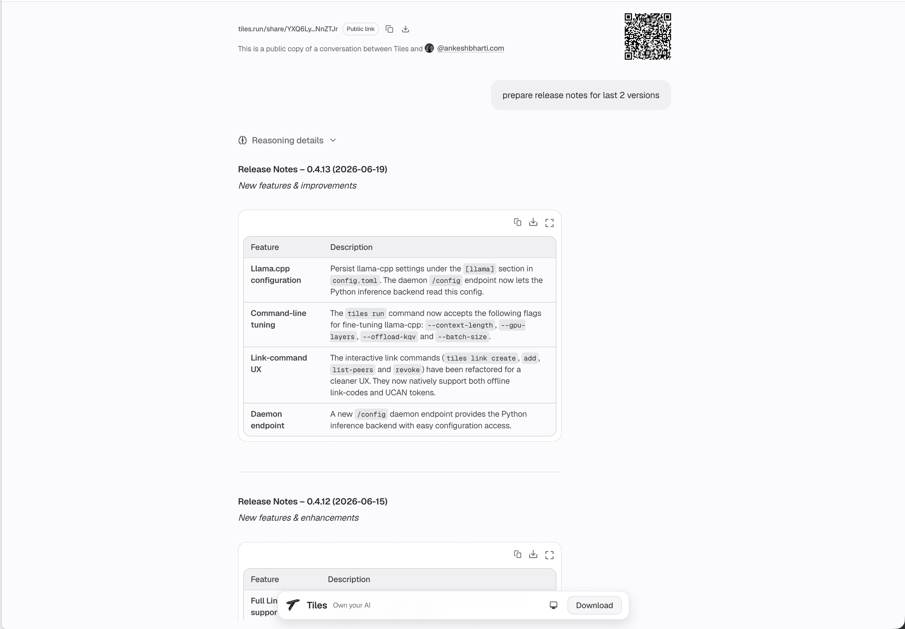 A conversation shared from Tiles as a public link on tiles.run, light theme