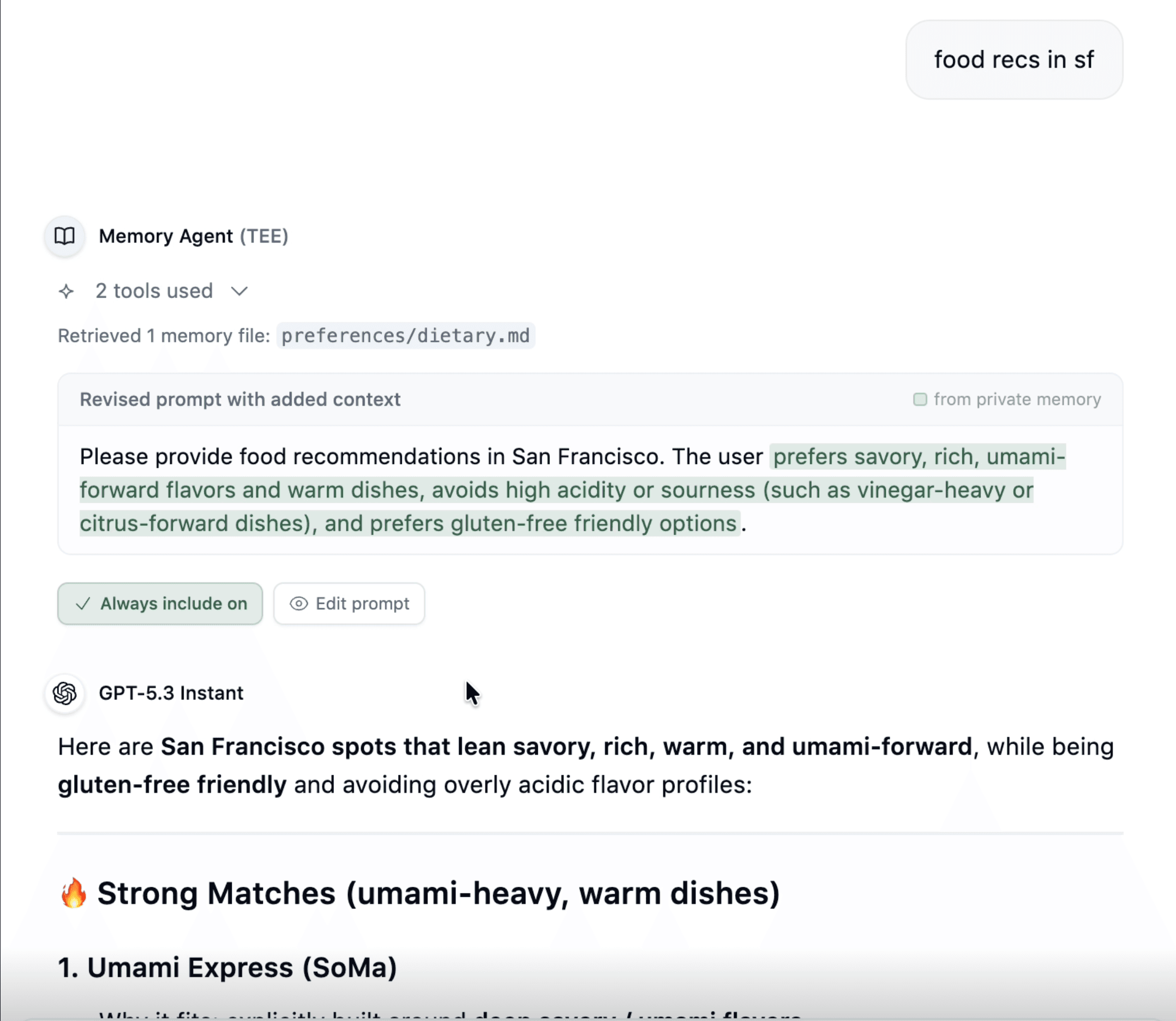 Memory agent revising a user prompt with minimal added context before model inference.