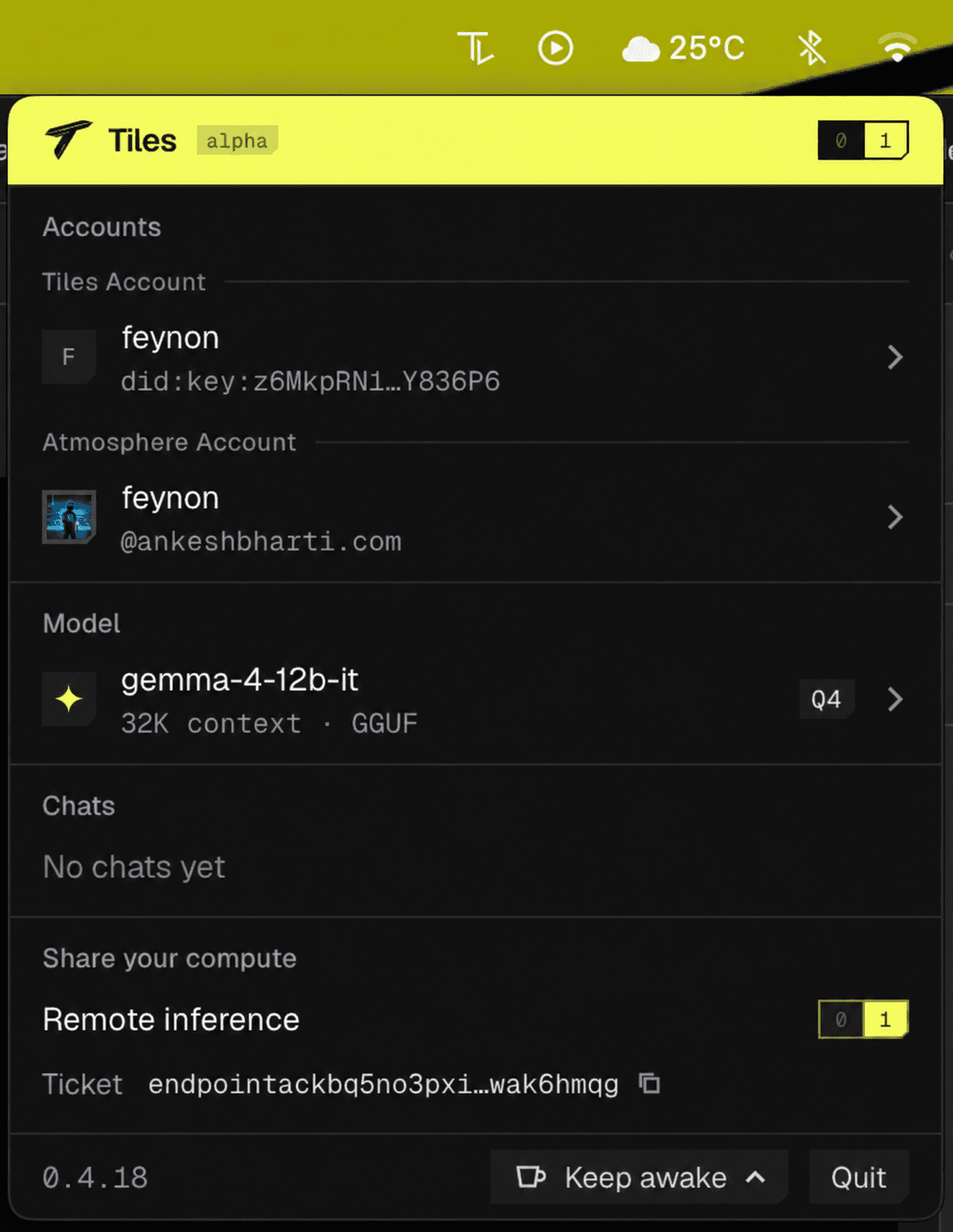 Tiles menu bar app showing accounts, model, chats, and remote inference settings