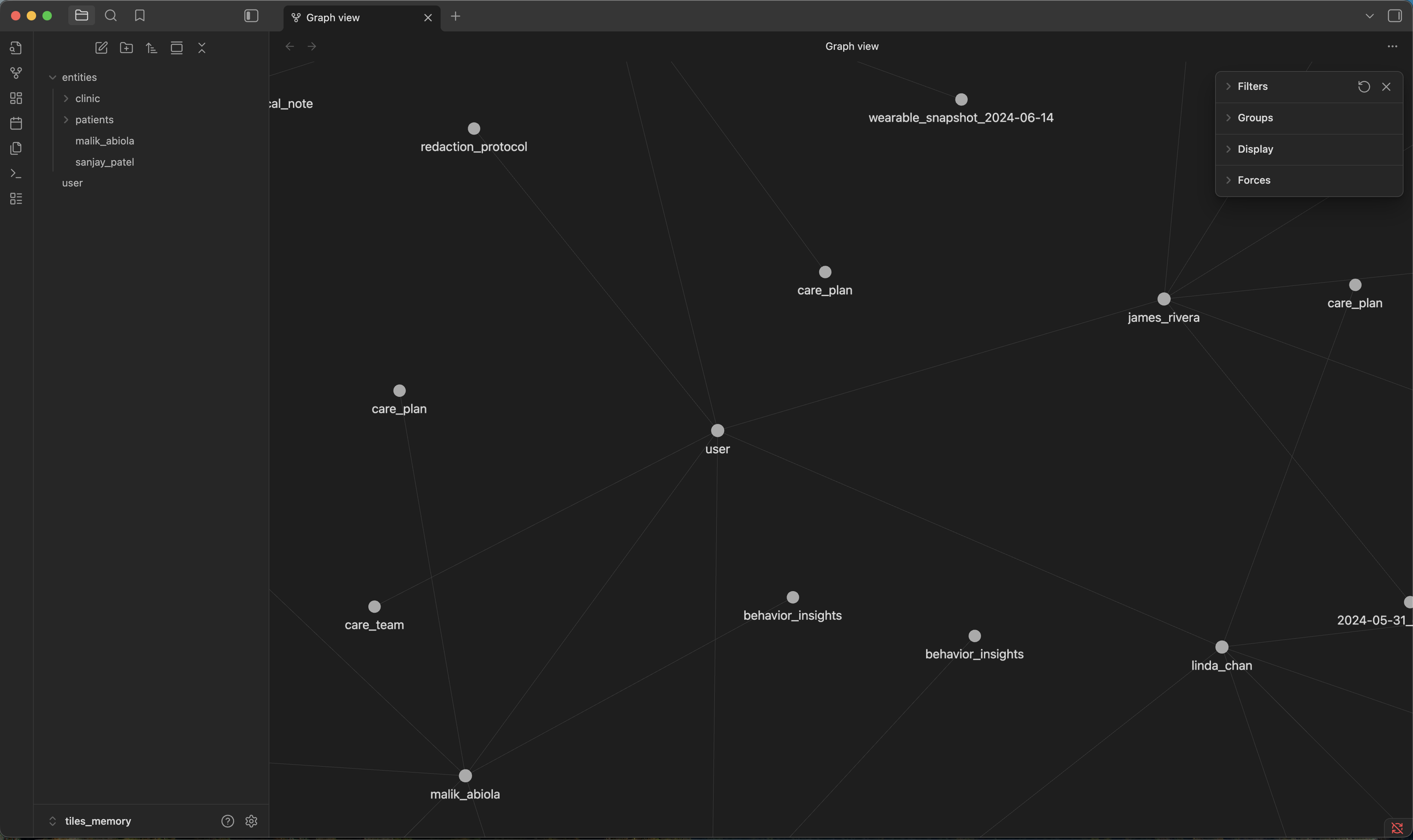Interactive graph showing memories and agent skills