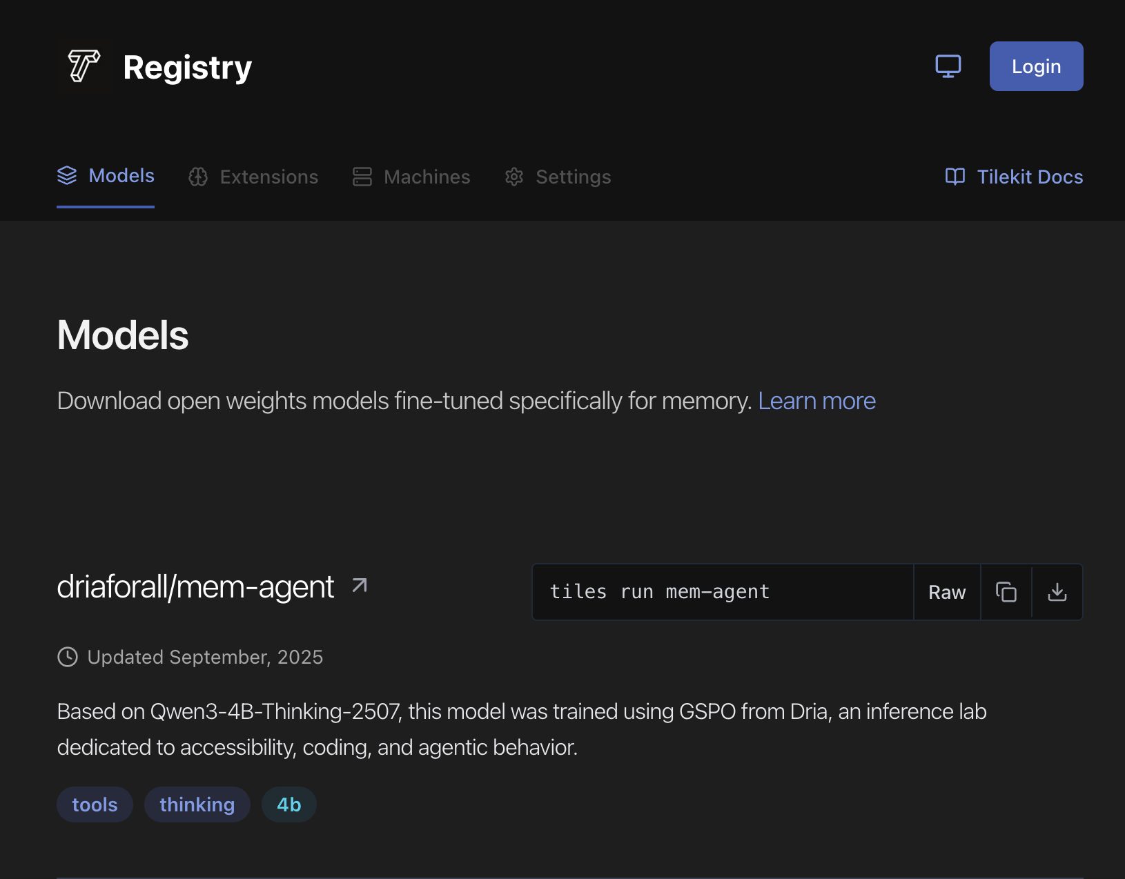 Tiles Registry showing memory models and extensions